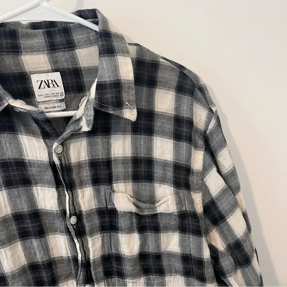 Zara Men’s Plaid Long Sleeve Shirt Relaxed Fit Black White Large